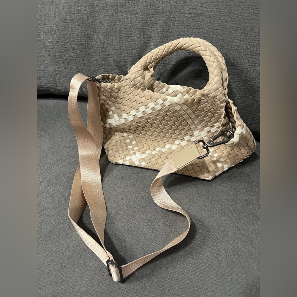 NAGHEDI NYC Elegant Tan Camel 
Women's St Barths Mini Rope Tote w/ White Details - Picture 7 of 8